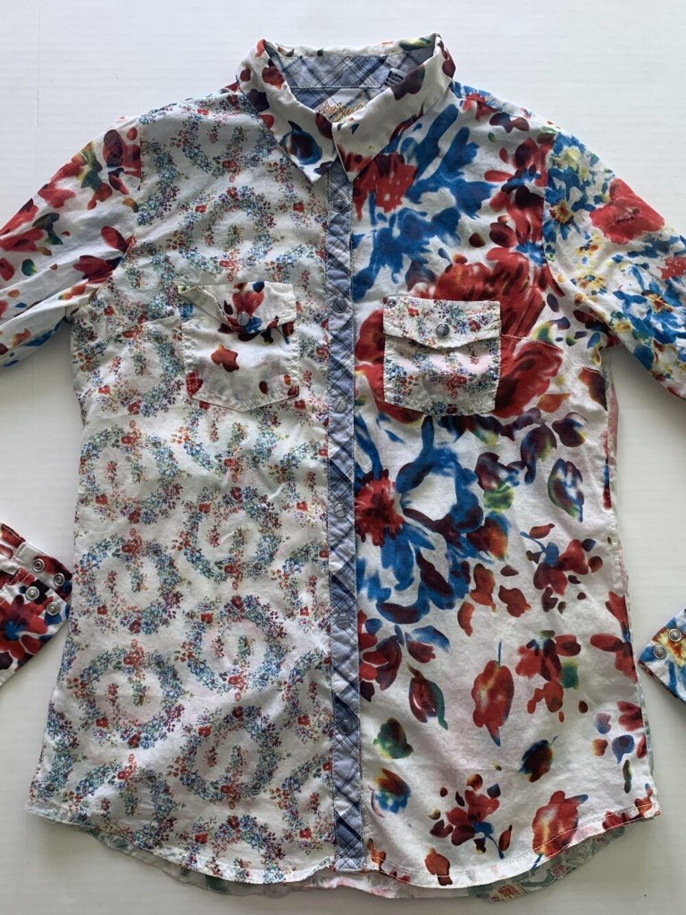 Desigual Snaps Front Shirt Mixed Print Floral Plaid Boho Top Long Sleeve Sz L